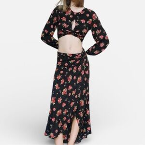 Zara Black Floral Crop Top and Skirt Set Size S and M New